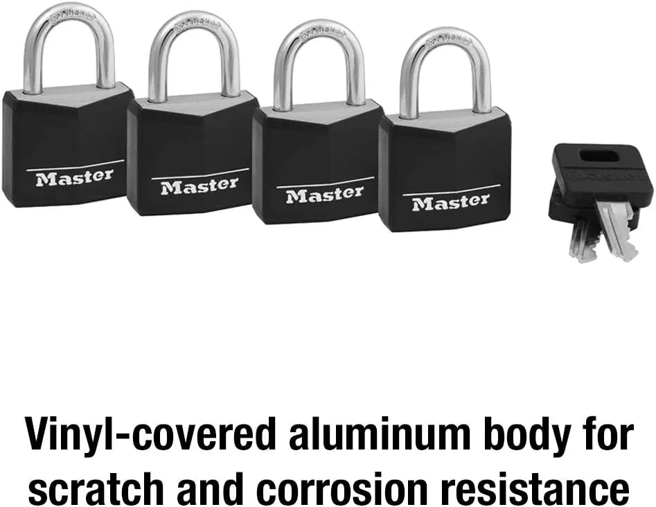 Master Lock Black Outdoor Key Lock, Standard Weather Resistant Padlock with Cover, Keyed Alike Padlocks for Lockers, Fences, Sheds, or Other Equipment, 4 Pack, 131Q