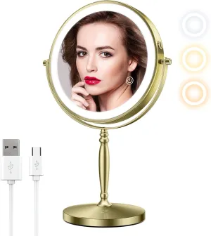 Matekxy 8" Lighted Makeup Mirror with Magnification - 1X/10X Magnifying Desk Mirror with Rechargeable LED Lights, 3 Colors Dimmable Tabletop Mirror, Brass Gold