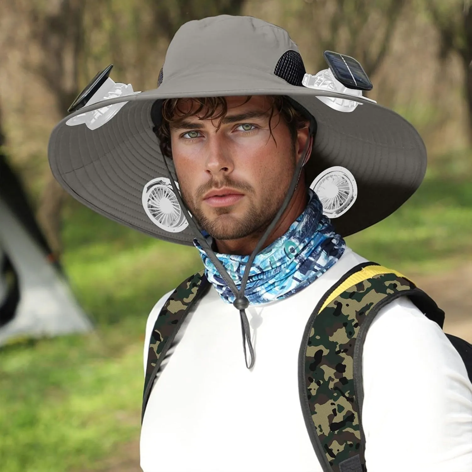 Men Sun Hat with 2 Solar Fan Fishing Wide Brim Sun Hats for Outdoor Summer Camping Beach, USB & Solar Powered