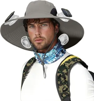 Men Sun Hat with 2 Solar Fan Fishing Wide Brim Sun Hats for Outdoor Summer Camping Beach, USB & Solar Powered