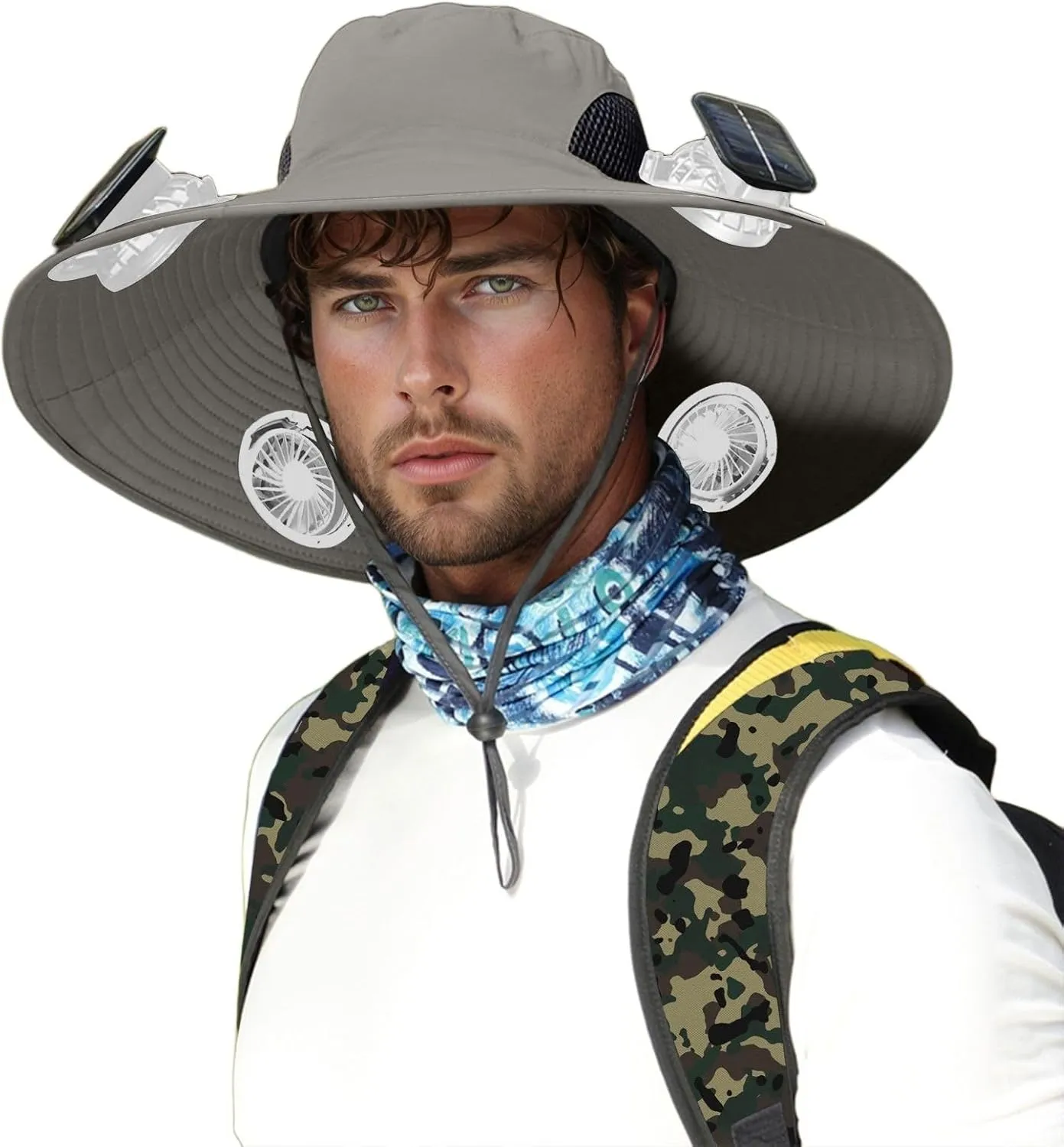 Men Sun Hat with 2 Solar Fan Fishing Wide Brim Sun Hats for Outdoor Summer Camping Beach, USB & Solar Powered
