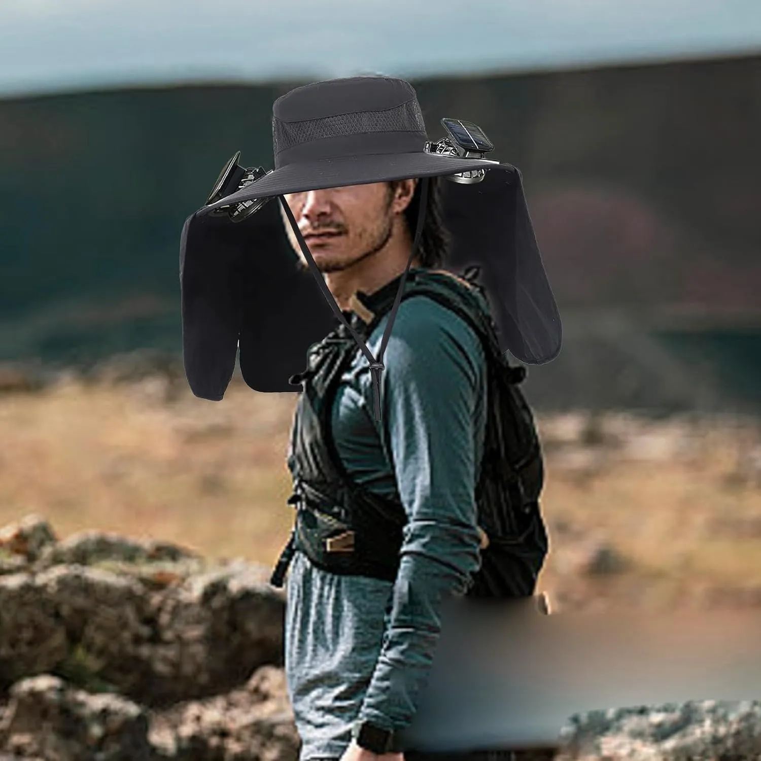 Men Women Wide Brim Sun Hats with 2 Solar Fan Breathable Waterproof Bucket Hat Outdoor Fishing Hat for Hiking Camping
