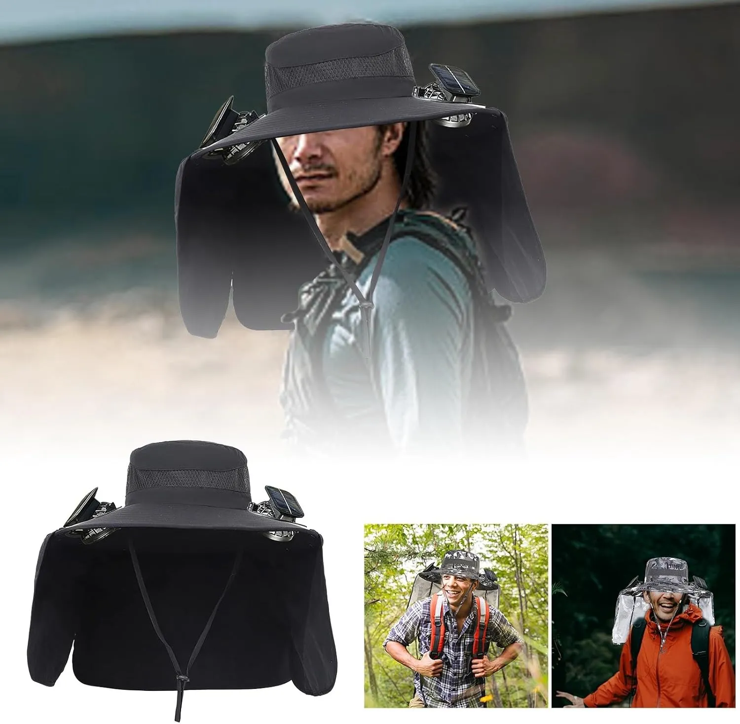 Men Women Wide Brim Sun Hats with 2 Solar Fan Breathable Waterproof Bucket Hat Outdoor Fishing Hat for Hiking Camping
