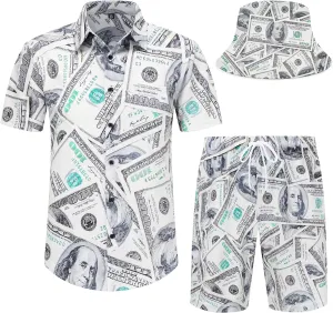 Mens Hawaiian Shirts and Shorts Set 2 Pieces Beach Outfits Sets with Bucket Hats