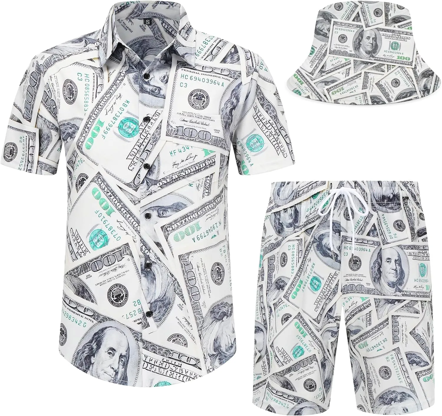 Mens Hawaiian Shirts and Shorts Set 2 Pieces Beach Outfits Sets with Bucket Hats