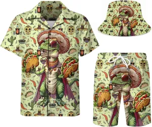 Mens Hawaiian Shirts and Shorts Set Funny Hawaiian Shirts for Men Beach Outfits Sets with Bucket Hats