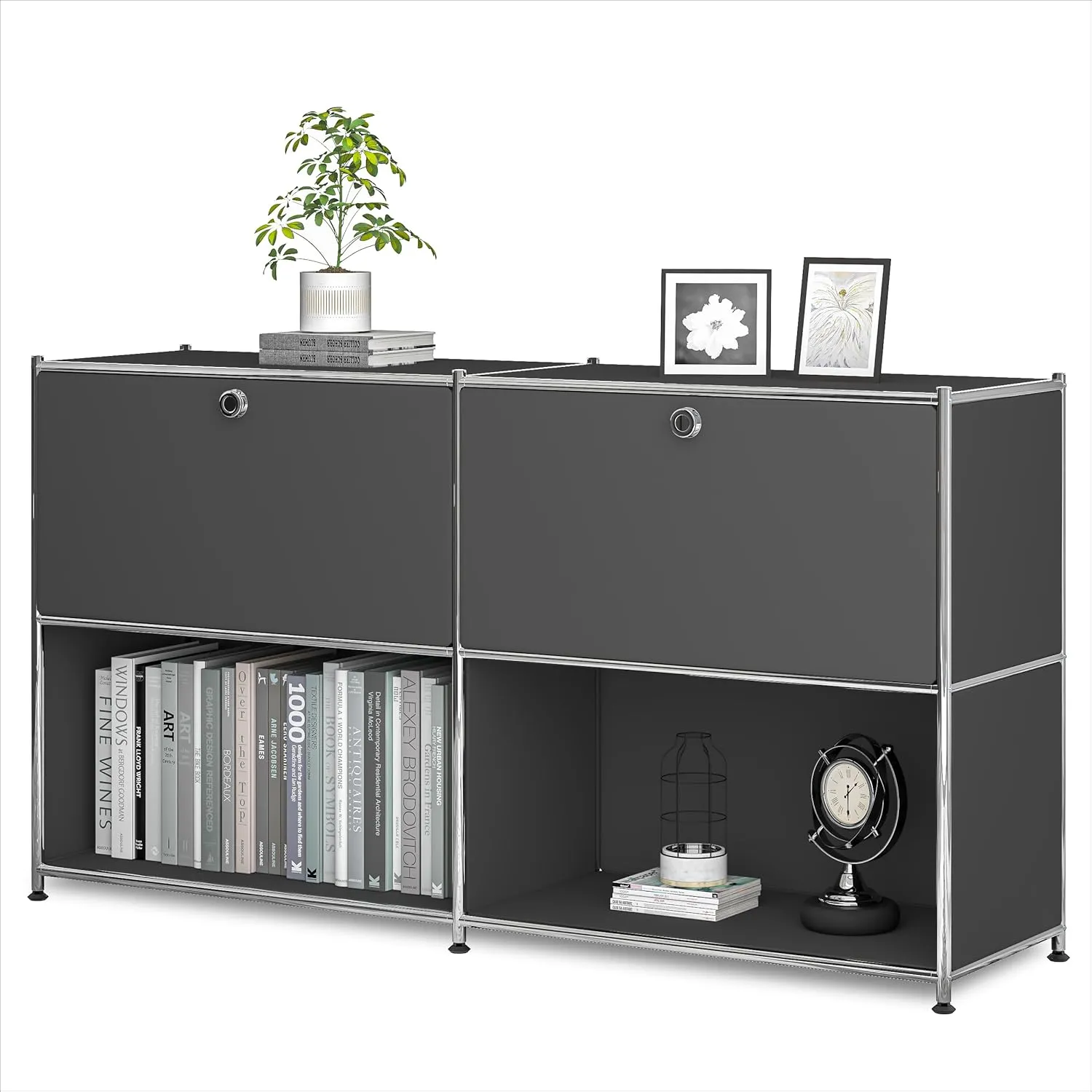 Metal Sideboard with 2 Flap Doors, DIY Modern Home Furnishing,Perfect for Home, Office, Kitchen, Hallway,Foyer Organization(Black)