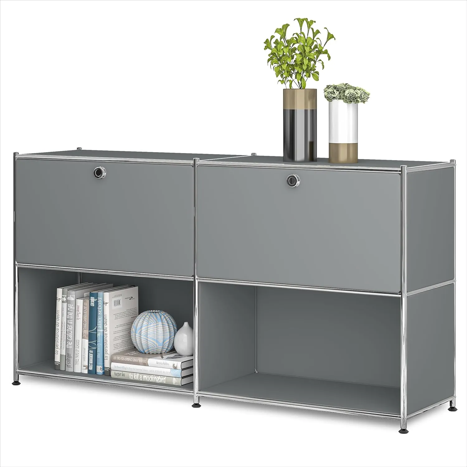 Metal Sideboard with 2 Flap Doors, DIY Modern Home Furnishing,Perfect for Home, Office, Kitchen, Hallway,Foyer Organization(Grey)