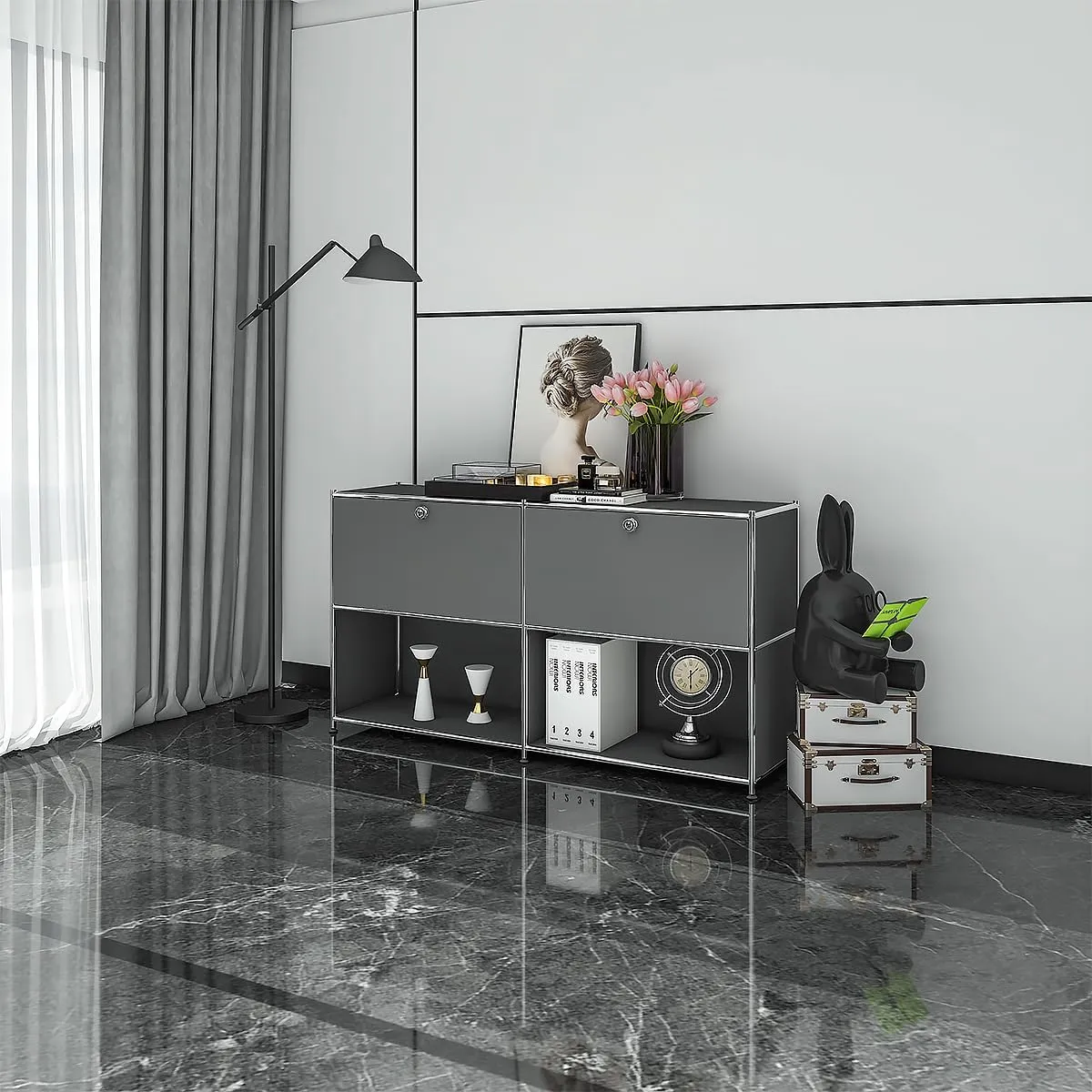 Metal Sideboard with 2 Flap Doors, DIY Modern Home Furnishing,Perfect for Home, Office, Kitchen, Hallway,Foyer Organization(Grey)