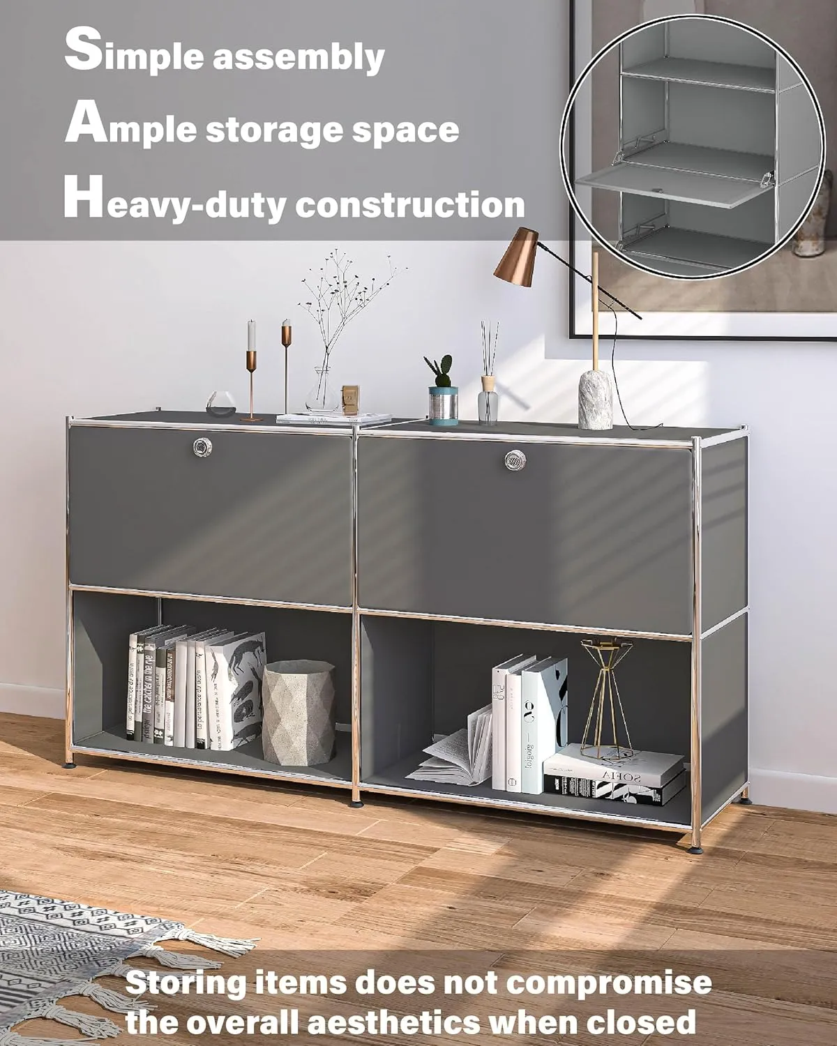 Metal Sideboard with 2 Flap Doors, DIY Modern Home Furnishing,Perfect for Home, Office, Kitchen, Hallway,Foyer Organization(Grey)