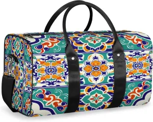 Mexican Ethnic Flower Travel Duffle Bag, Sports Gym Bags for Women Men, Carry On Weekender Overnight Workout Airplane Trips Bag