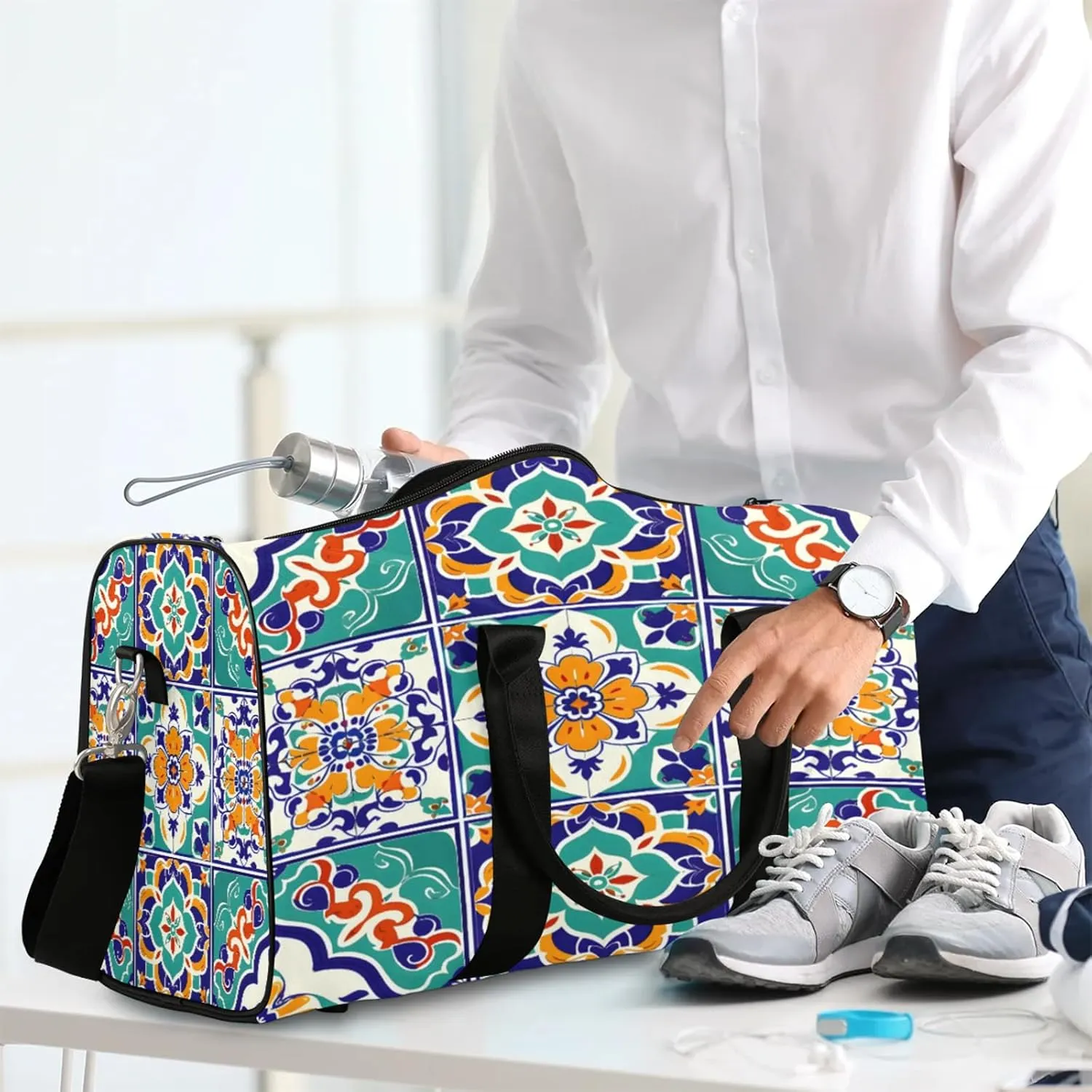 Mexican Ethnic Flower Travel Duffle Bag, Sports Gym Bags for Women Men, Carry On Weekender Overnight Workout Airplane Trips Bag