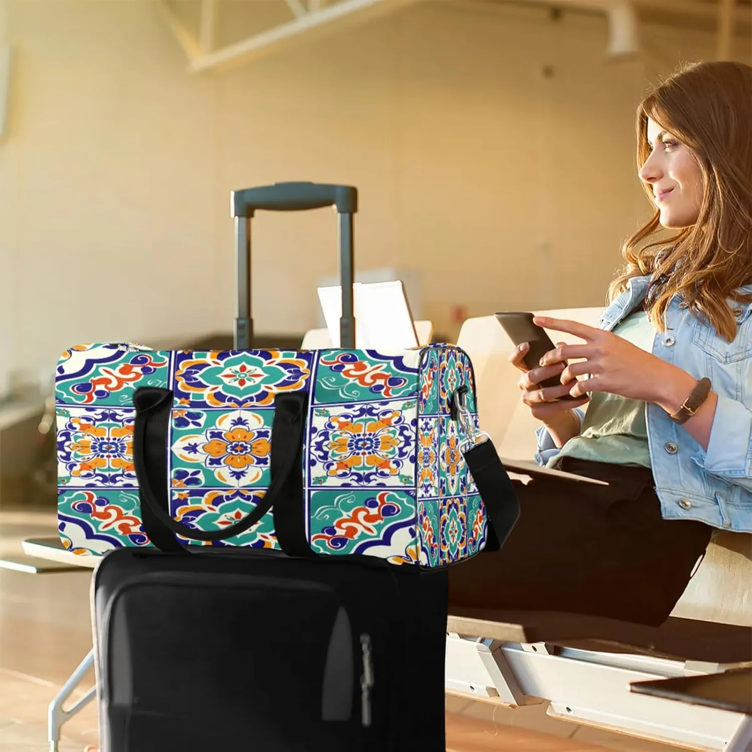 Mexican Ethnic Flower Travel Duffle Bag, Sports Gym Bags for Women Men, Carry On Weekender Overnight Workout Airplane Trips Bag