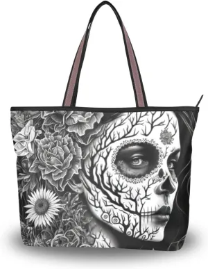Mexican Floral Skull Women Tote Bag, Zipper Shoulder Bag Reusable Grocery Bag Handbag