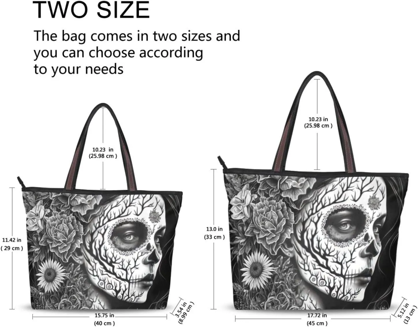 Mexican Floral Skull Women Tote Bag, Zipper Shoulder Bag Reusable Grocery Bag Handbag