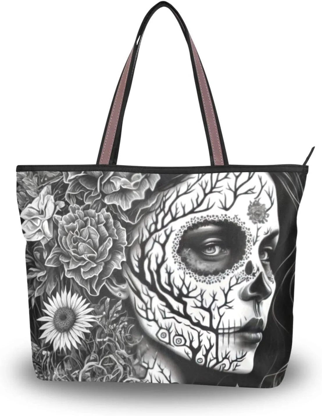 Mexican Floral Skull Women Tote Bag, Zipper Shoulder Bag Reusable Grocery Bag Handbag