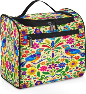 Mexican Mexico Style Floral Bird Travel Toiletry Bag for Men and Women, Large Hanging Makeup Bag Organizer Toiletries Bag for Travel, Cosmetic Bag with Handle