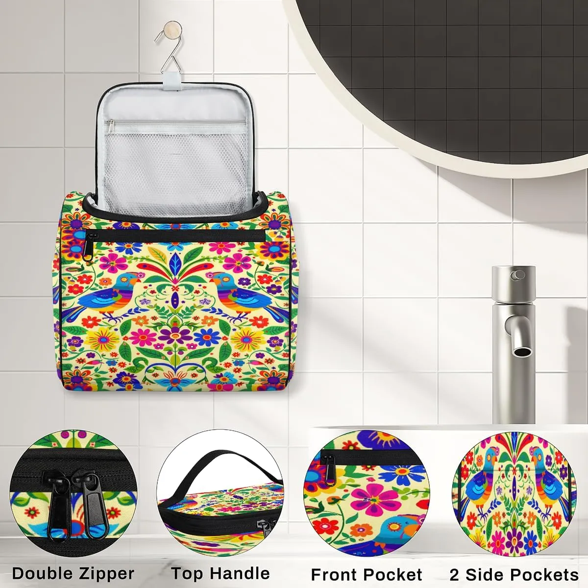 Mexican Mexico Style Floral Bird Travel Toiletry Bag for Men and Women, Large Hanging Makeup Bag Organizer Toiletries Bag for Travel, Cosmetic Bag with Handle