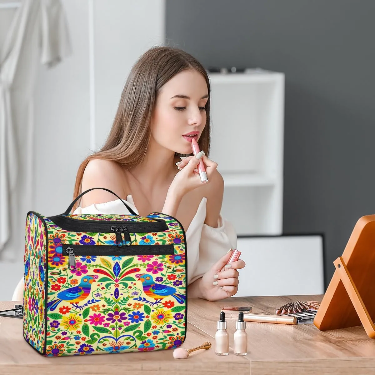 Mexican Mexico Style Floral Bird Travel Toiletry Bag for Men and Women, Large Hanging Makeup Bag Organizer Toiletries Bag for Travel, Cosmetic Bag with Handle