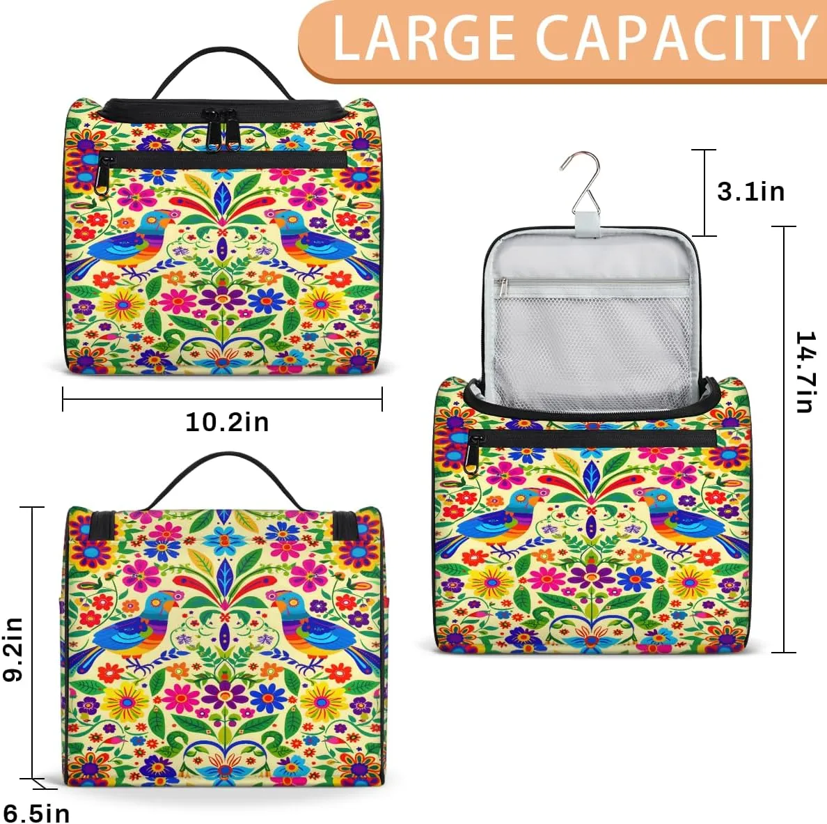 Mexican Mexico Style Floral Bird Travel Toiletry Bag for Men and Women, Large Hanging Makeup Bag Organizer Toiletries Bag for Travel, Cosmetic Bag with Handle