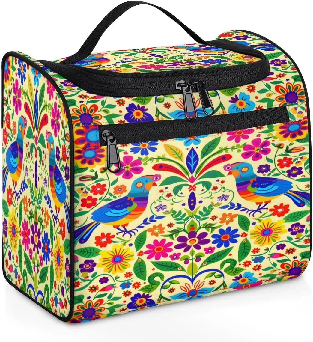 Mexican Mexico Style Floral Bird Travel Toiletry Bag for Men and Women, Large Hanging Makeup Bag Organizer Toiletries Bag for Travel, Cosmetic Bag with Handle