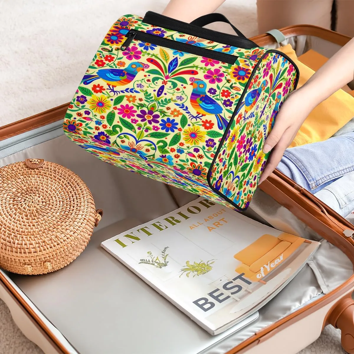 Mexican Mexico Style Floral Bird Travel Toiletry Bag for Men and Women, Large Hanging Makeup Bag Organizer Toiletries Bag for Travel, Cosmetic Bag with Handle