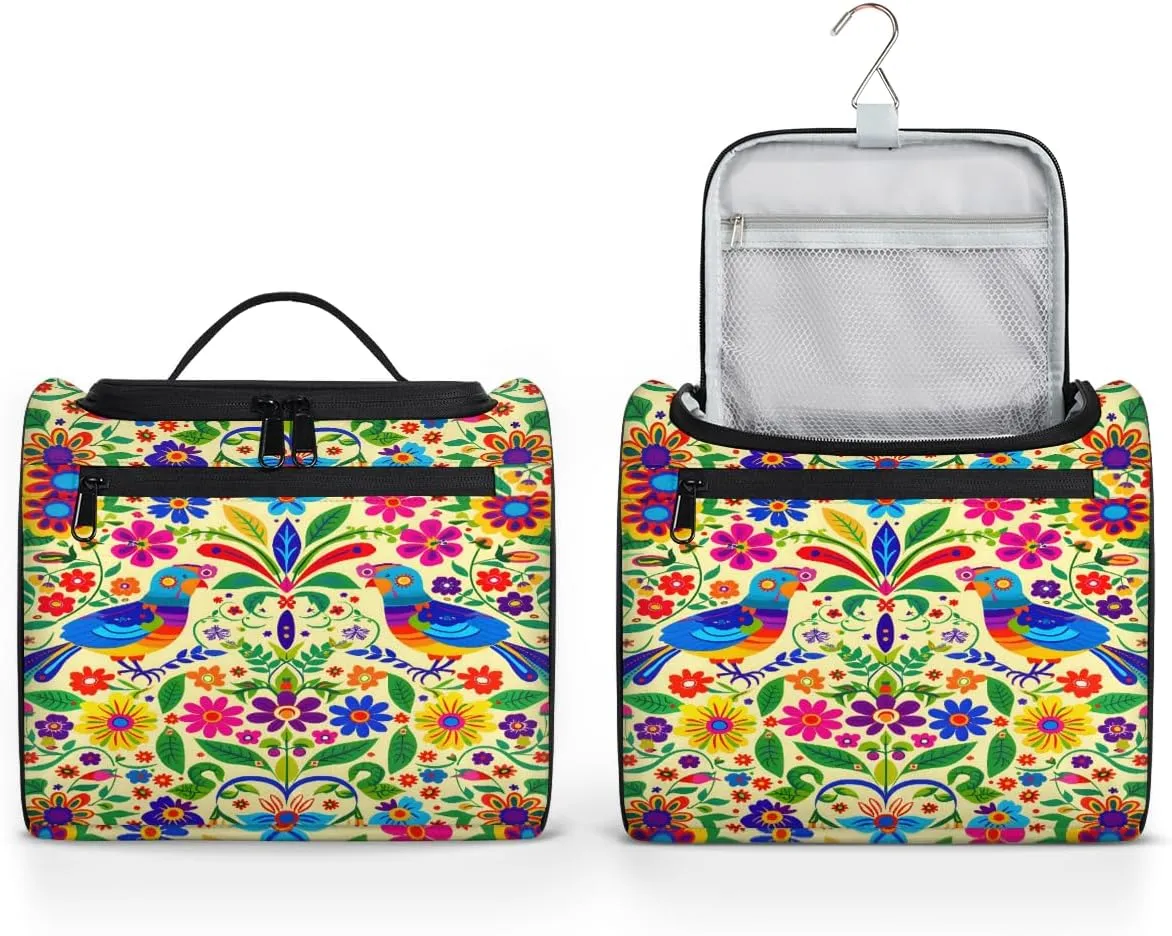 Mexican Mexico Style Floral Bird Travel Toiletry Bag for Men and Women, Large Hanging Makeup Bag Organizer Toiletries Bag for Travel, Cosmetic Bag with Handle