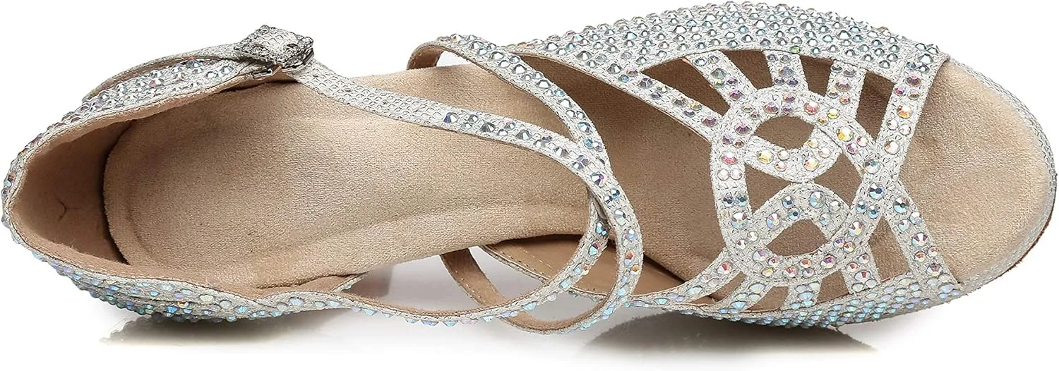 Minishion Women's Dance Heel Platform Toe Rhinestone Dancing Shoes L458