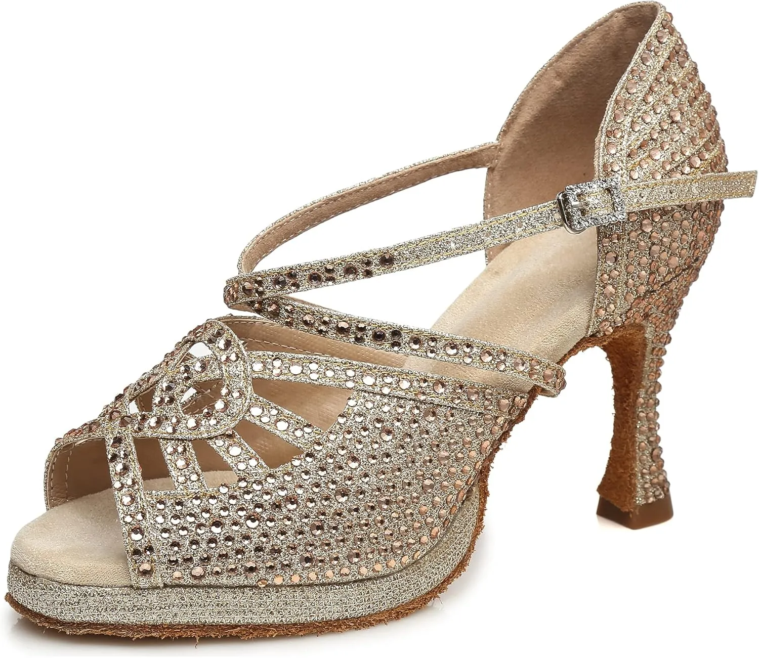 Minishion Women's Dance Heel Platform Toe Rhinestone Dancing Shoes L458