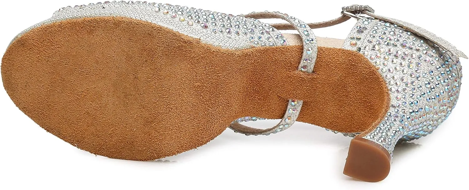 Minishion Women's Dance Heel Platform Toe Rhinestone Dancing Shoes L458