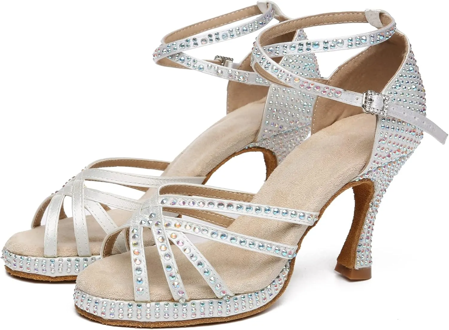 Minishion Women's Dance Heel Platform Toe Rhinestone Dancing Shoes L458