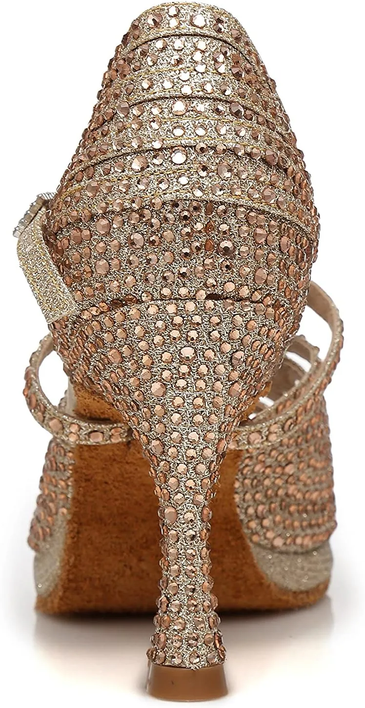 Minishion Women's Dance Heel Platform Toe Rhinestone Dancing Shoes L458