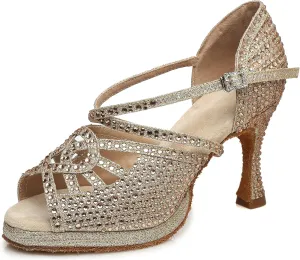 Minishion Women's Dance Heel Platform Toe Rhinestone Dancing Shoes L458