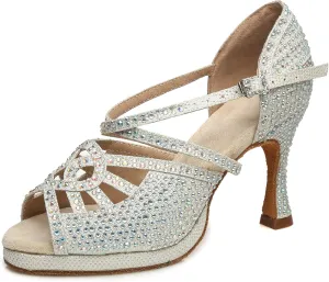 Minishion Women's Dance Heel Platform Toe Rhinestone Dancing Shoes L458