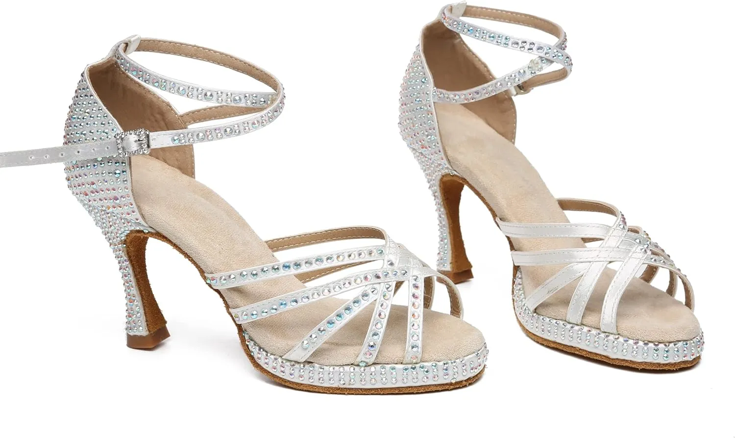 Minishion Women's Dance Heel Platform Toe Rhinestone Dancing Shoes L458