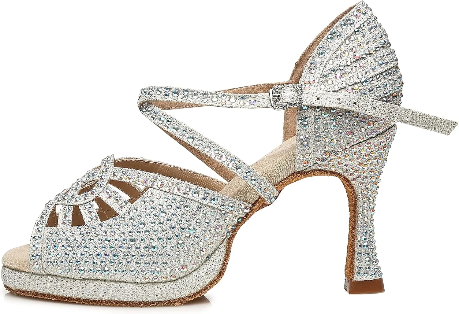 Minishion Women's Dance Heel Platform Toe Rhinestone Dancing Shoes L458