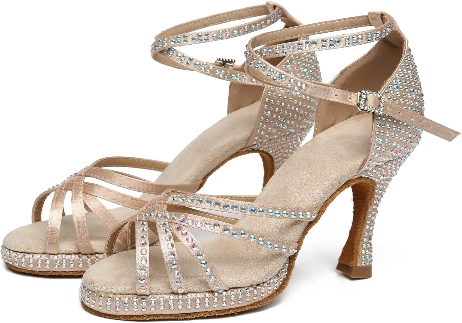 Minishion Women's Dance Heel Platform Toe Rhinestone Dancing Shoes L458