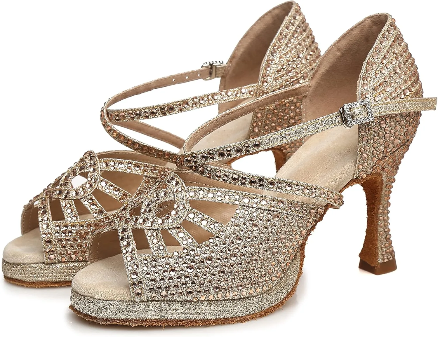 Minishion Women's Dance Heel Platform Toe Rhinestone Dancing Shoes L458