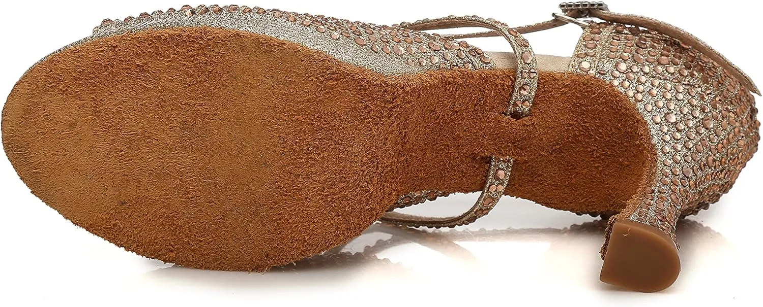 Minishion Women's Dance Heel Platform Toe Rhinestone Dancing Shoes L458