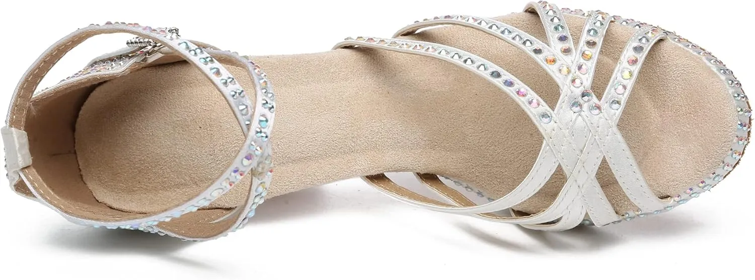 Minishion Women's Dance Heel Platform Toe Rhinestone Dancing Shoes L458