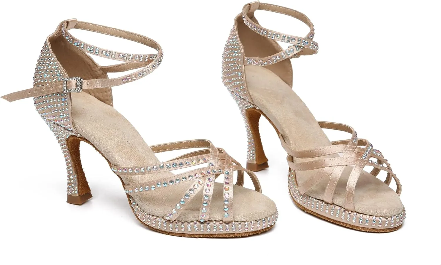 Minishion Women's Dance Heel Platform Toe Rhinestone Dancing Shoes L458
