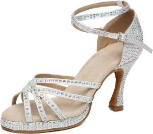 Minishion Women's Dance Heel Platform Toe Rhinestone Dancing Shoes L458