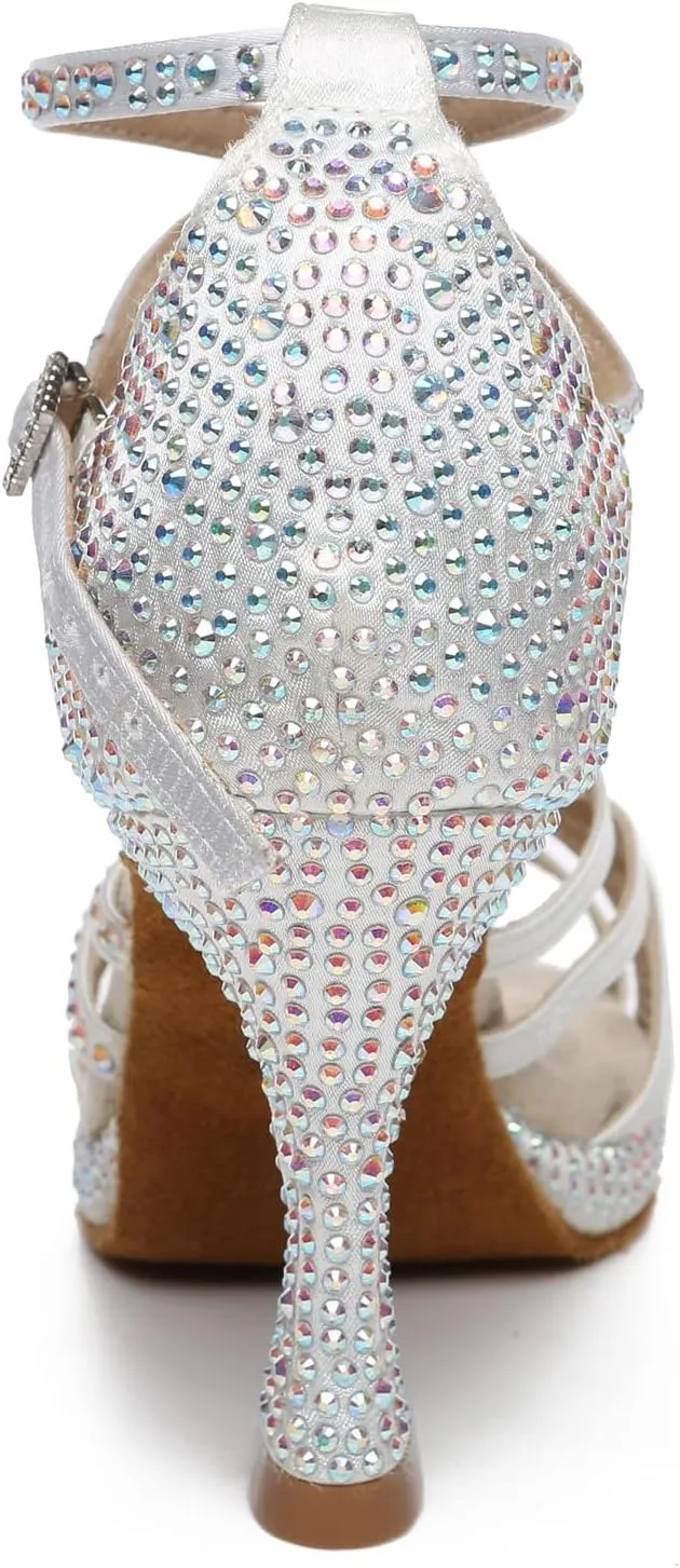 Minishion Women's Dance Heel Platform Toe Rhinestone Dancing Shoes L458