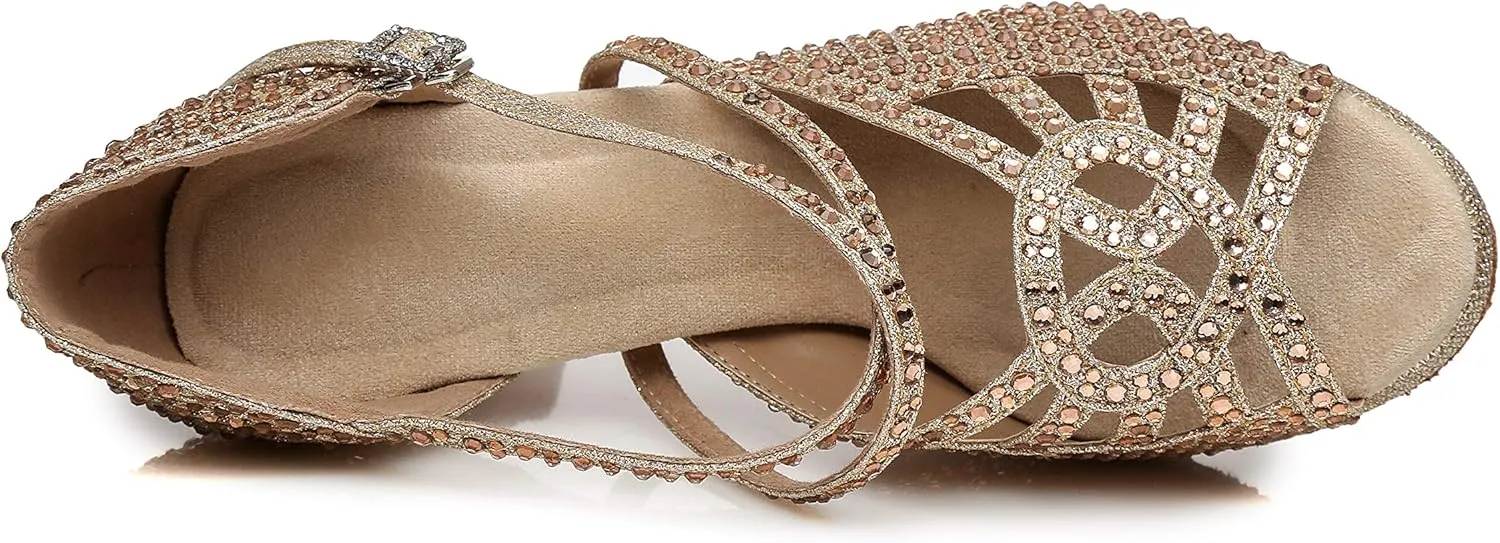 Minishion Women's Dance Heel Platform Toe Rhinestone Dancing Shoes L458