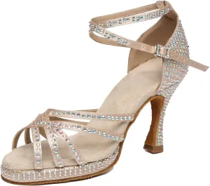 Minishion Women's Dance Heel Platform Toe Rhinestone Dancing Shoes L458