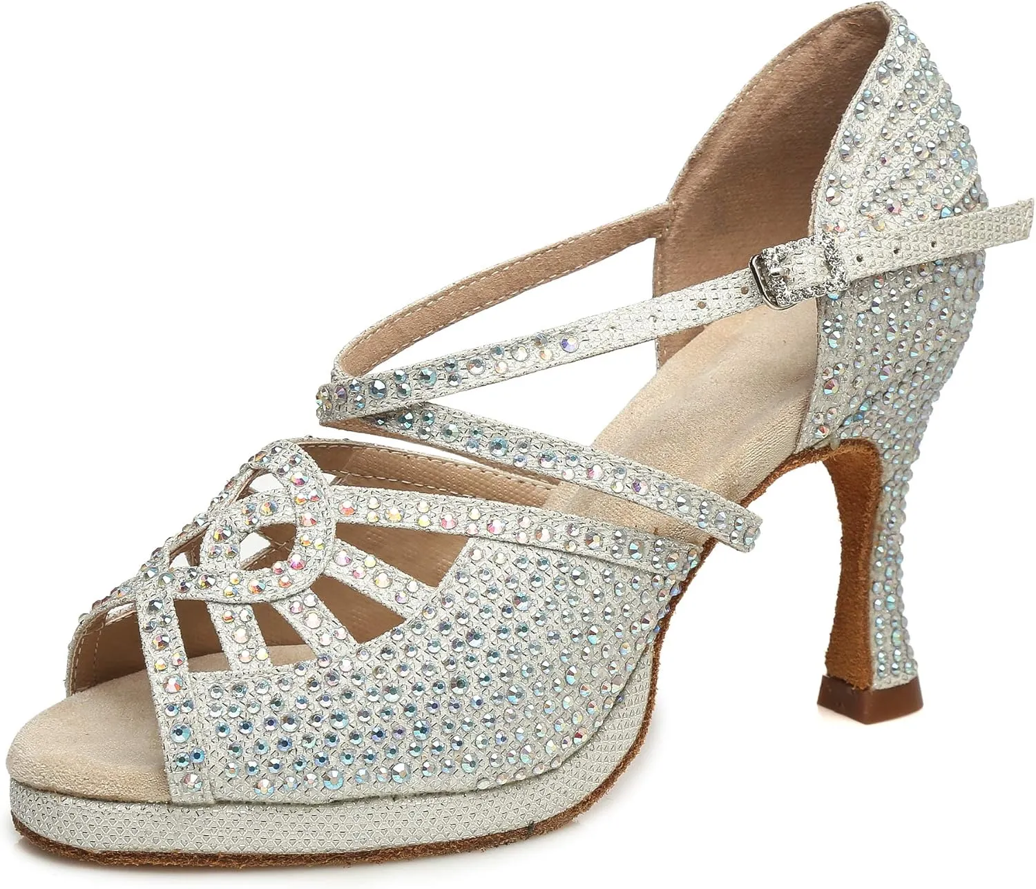 Minishion Women's Dance Heel Platform Toe Rhinestone Dancing Shoes L458