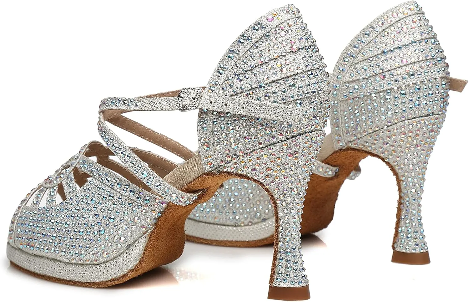 Minishion Women's Dance Heel Platform Toe Rhinestone Dancing Shoes L458