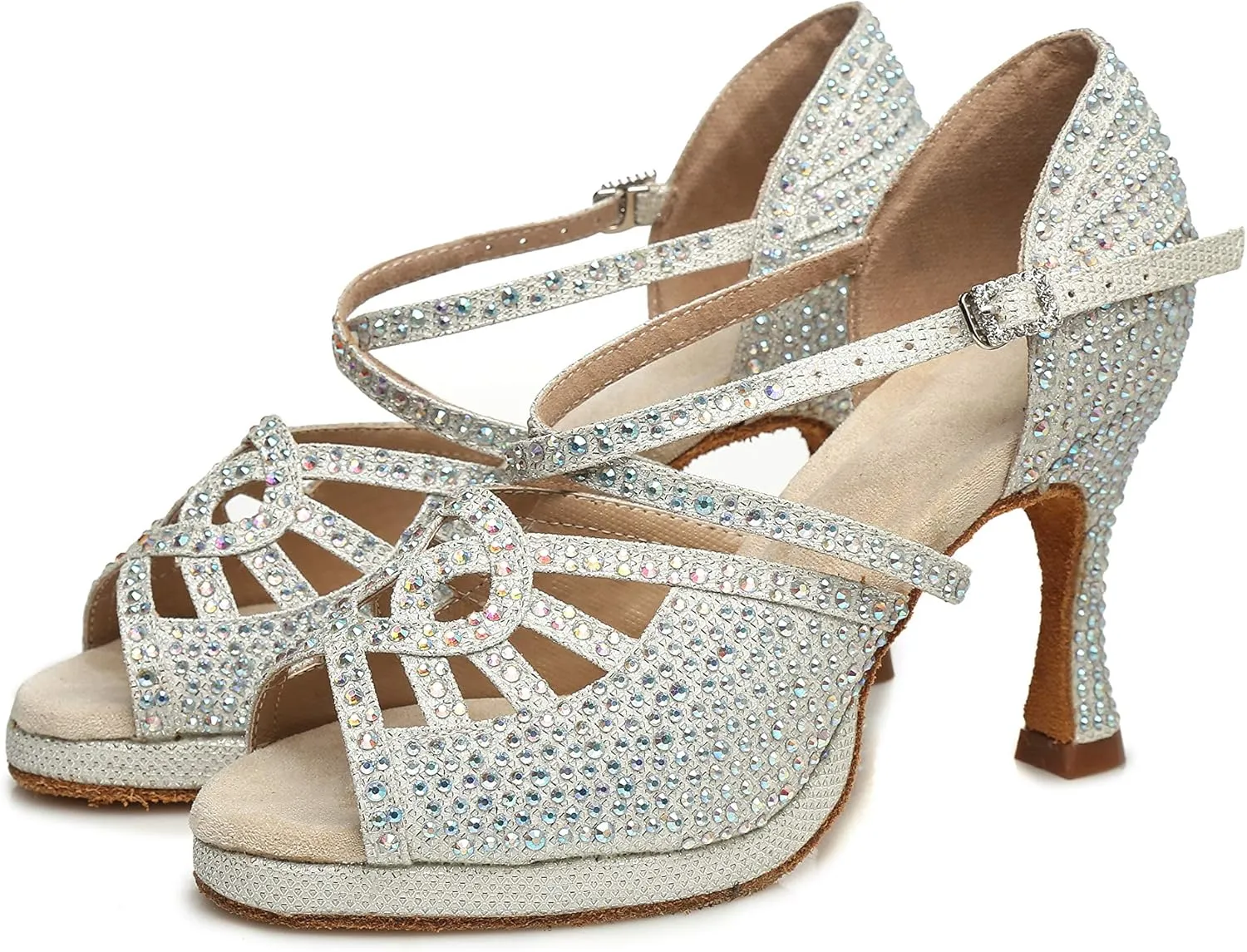 Minishion Women's Dance Heel Platform Toe Rhinestone Dancing Shoes L458