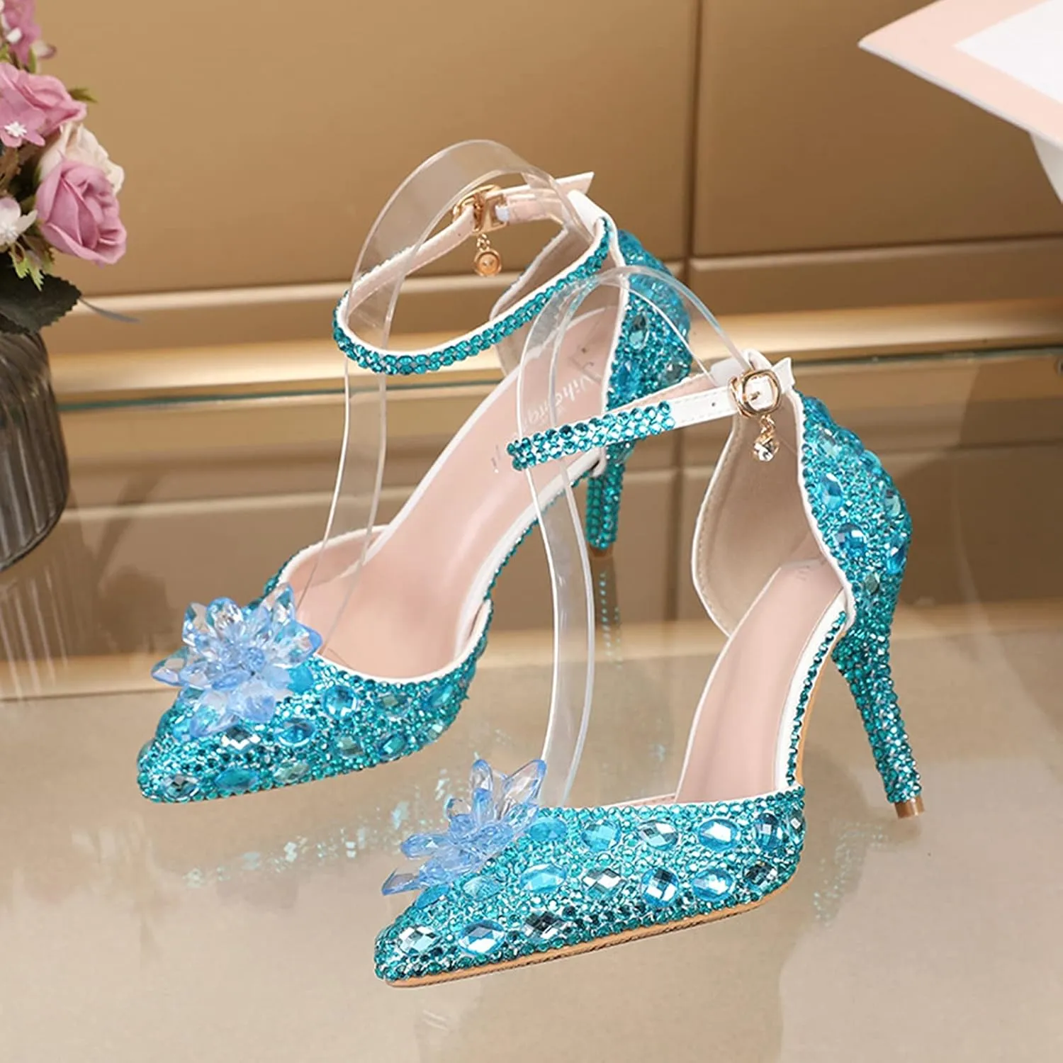 Minishion Womens Rhinestone Wedding Shoes Pumps with Flower Evening Prom Heels