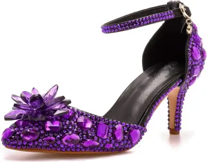 Minishion Womens Rhinestone Wedding Shoes Pumps with Flower Evening Prom Heels